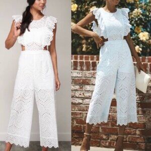 Blue Blush white eyelet lace ruffle wide leg cropped tie waist jumpsuit size S